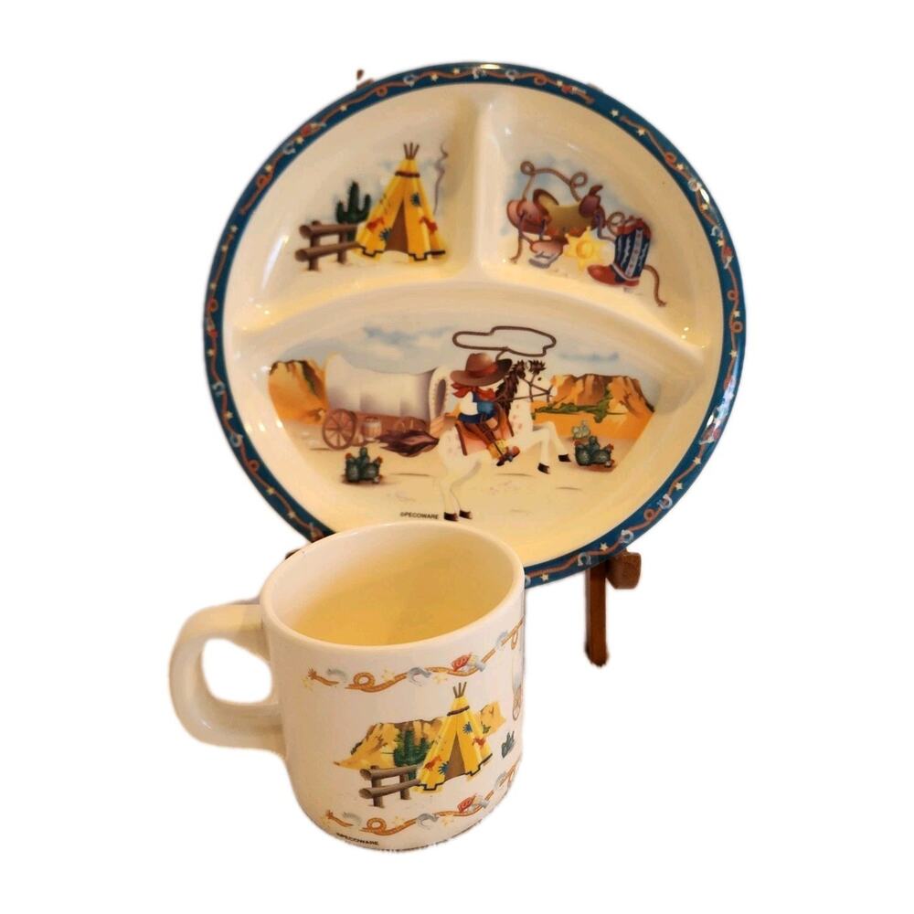 VTG Cowboy Western Divided Plate and Cup Peco Melamine Children's Dishes Ranch